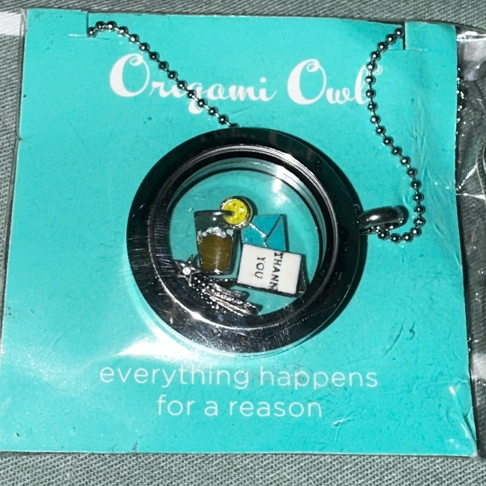 Origami Owl Silver Floating Locket Necklace with Teal Backer and Yellow Charm